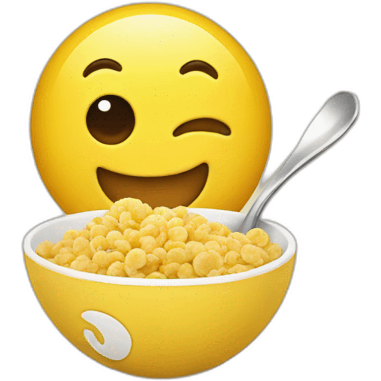 Silly yellow emoji happily eating cereal emoji