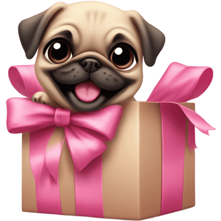 Baby pug with big pink
eyes wearing a pink bow above 1 ear sitting in a gift box  laughing  emoji