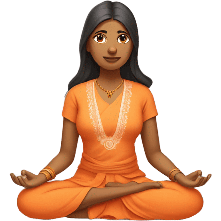 an  Indian woman, sleeveless pastel shirt
 yogi with a peaceful and meditative expression. The character should be wearing an orange robe, symbolizing traditional yogic attire. The yogi can be sitting in a lotus position emoji