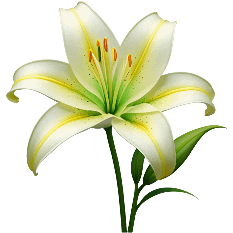 Cinematic Realistic Lily Emoji, Elegant and fragrant, with soft, white petals curling delicately around a golden-yellow stamen at its center. The long, slender green stem stands tall, supporting the vibrant bloom with its slightly curled tips. Soft glowing outline, capturing the essence of purity, elegance, and grace in a striking lily. emoji