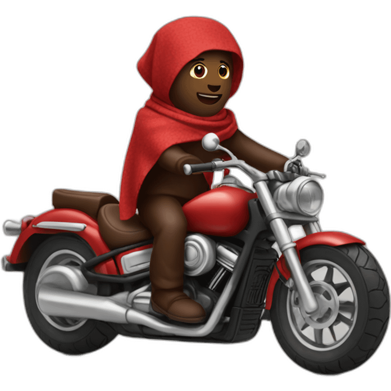 A chocolate brown doodle wearing a red and black handkerchief riding a motorcycle emoji