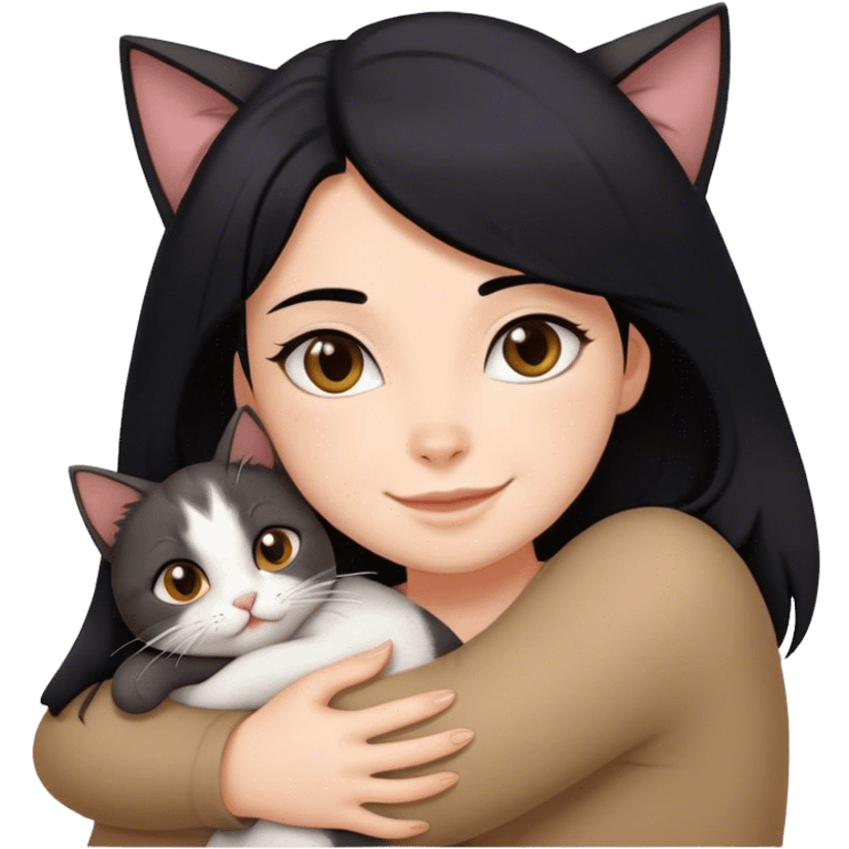 happy girl with black hair hugging three cats  (darle brown cat, full gray cat, brown calico cat) emoji