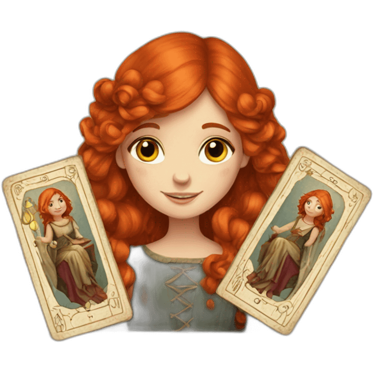 a red haired girl from the middle ages with a deck of tarot cards emoji