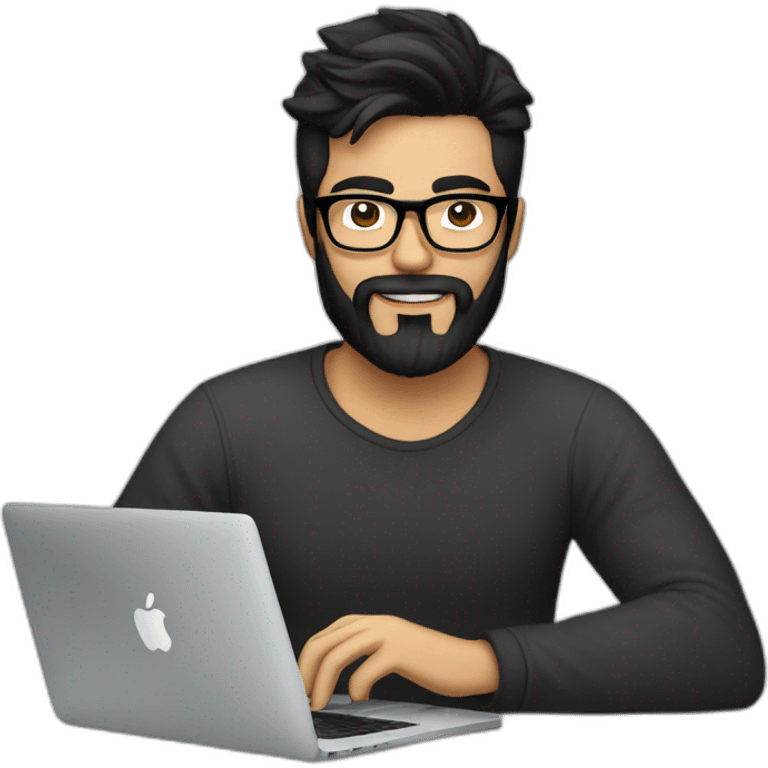 Designer with black hair, beard and glasses working with MacBook and drinking cappuccino  emoji