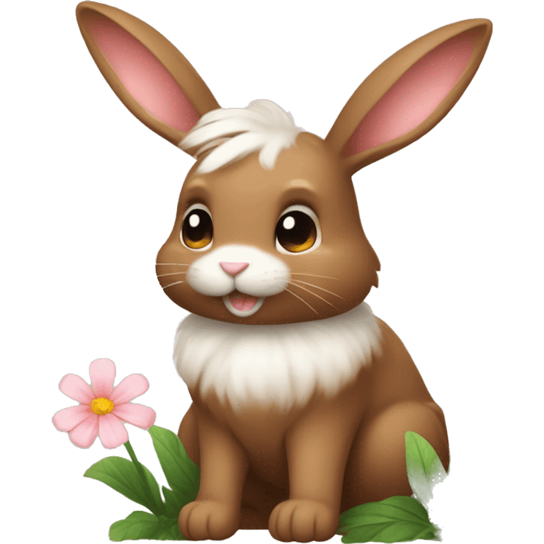 cute super fluffy brown bunny with a flower emoji