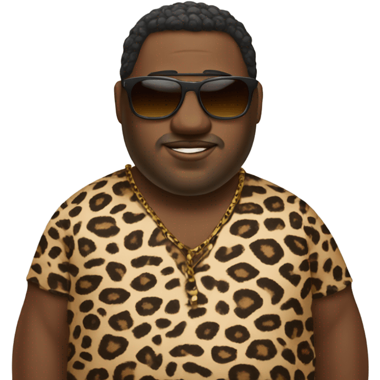 One chubby African guy, with leopard print clothing and sunglasses  emoji