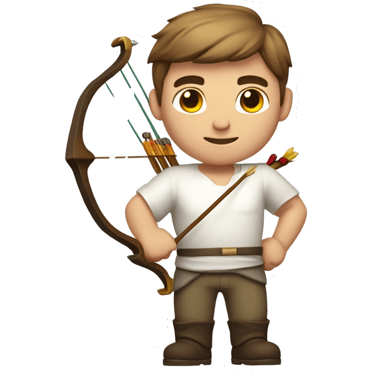 a male archer holding a bow, wearing a white shirt, very short brown hair, bright skin, only show upper part of the body from waist up emoji