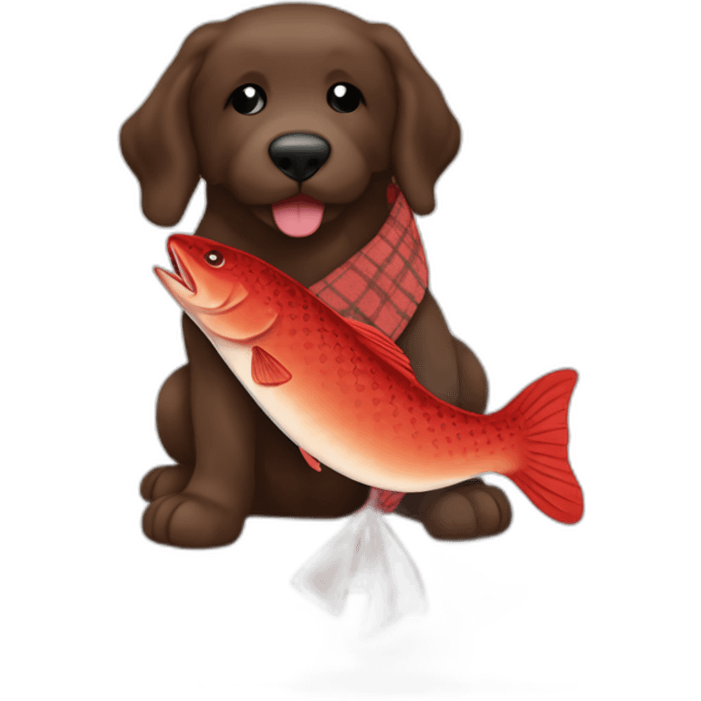 Chocolate brown colored doodle with a red and black flannel hankerchief holding a plush salmon fish chew toy emoji