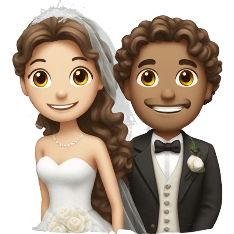 happy bride with long brown hair and groom with brown curly hair emoji