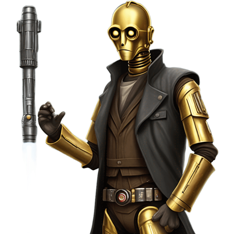 tarnished undercover tough well-equipped Jedi  life-sized darkblue-pearl C3po leather vest clothing pants and vest old west duster coat holding light saber sheriff emoji