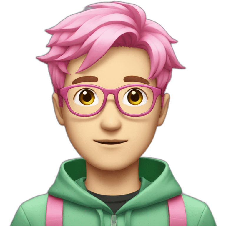 anime pink haired guy with green lenses glasses and pink antennas with sea-green uniform emoji