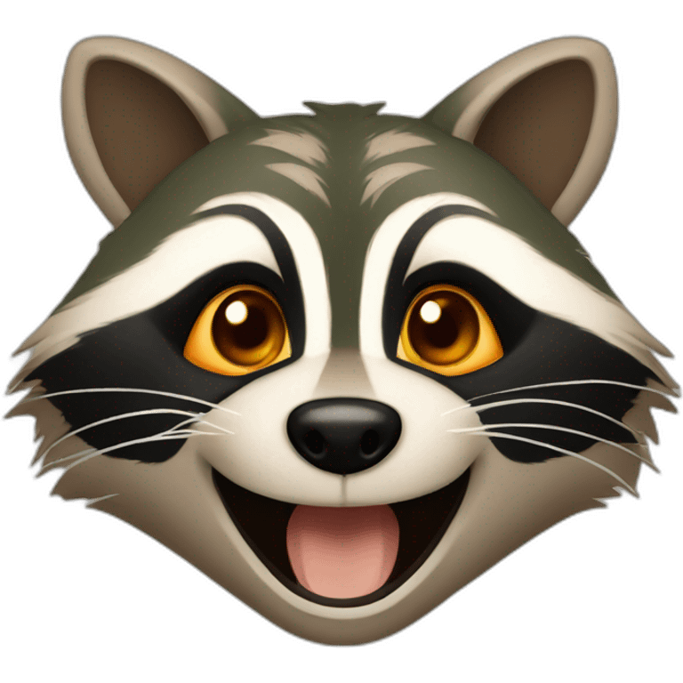 a small brown raccoon with orange eyes and a dark green hood that is laughing emoji