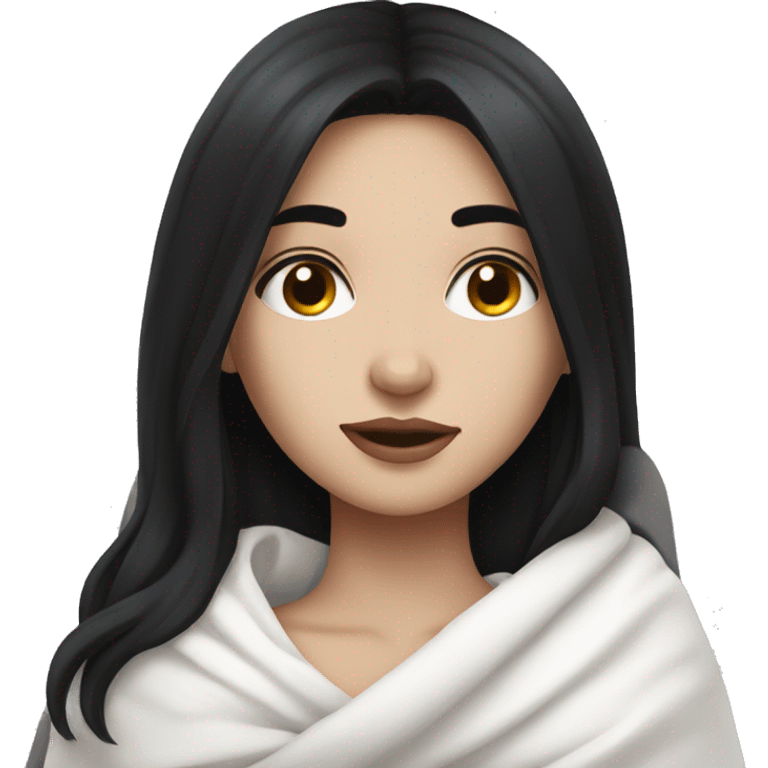 Pale Girl with black hair  laying down cozy in a white blanket emoji