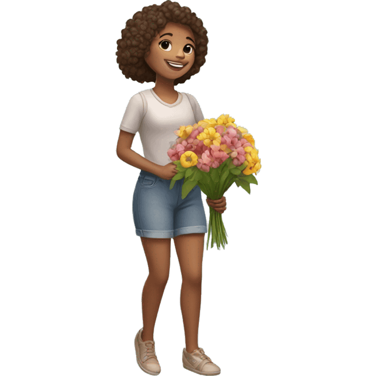 Girl with legs standing in joyful manner with bouquet of flowers emoji