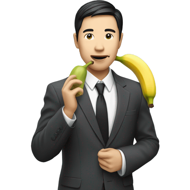 An Asian man in a suit is eating a banana in his hand. emoji