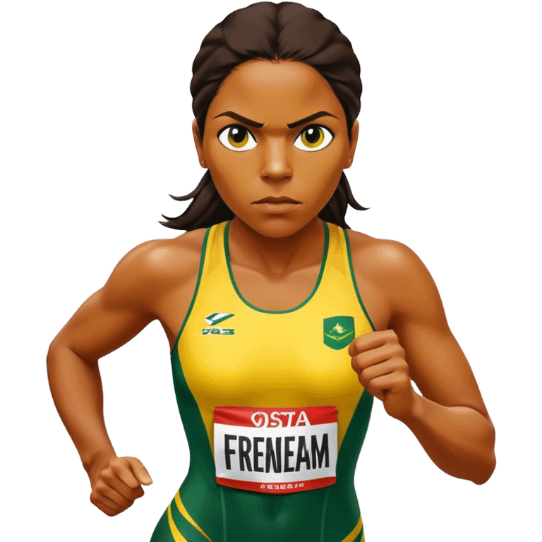 Cinematic Realistic portrait of Cathy Freeman, shown as an iconic Australian sprinter with a focused, determined expression and modern athletic yellow and green attire accented with subtle native motifs, rendered in dynamic, vibrant lighting emoji