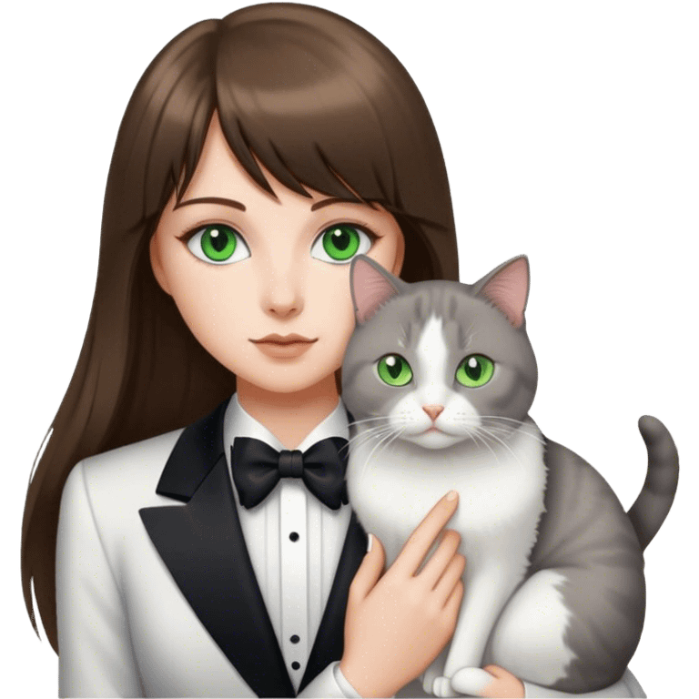 A white girl with long brunette hair, and bangs. She has green eyes and has a white and gray tuxedo cat emoji