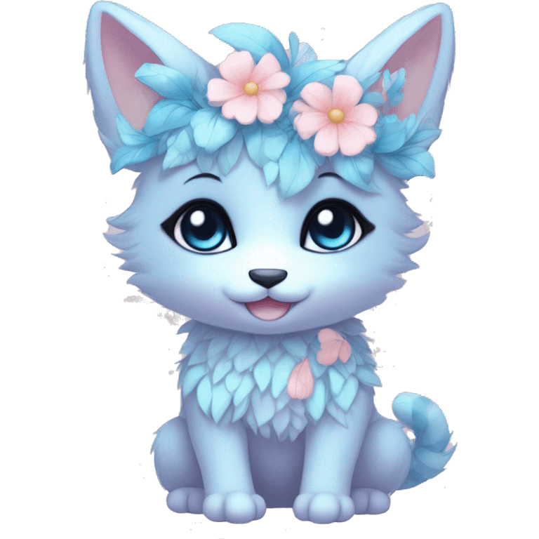 Anthro Cute Cool Blushing Pastel Innocent Shy Kawaii gorgeous sparkly ethereal fantasy animal creature with blue eyes furry sona with flowers and ribbons beautiful aesthetic emoji