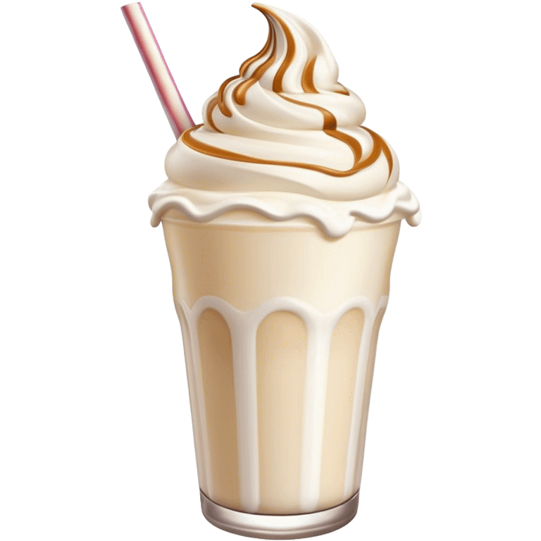 Cinematic Realistic Milkshake Drink Emoji, depicted as a thick, creamy milkshake with a swirl of whipped cream rendered with rich textures and inviting, nostalgic lighting. emoji