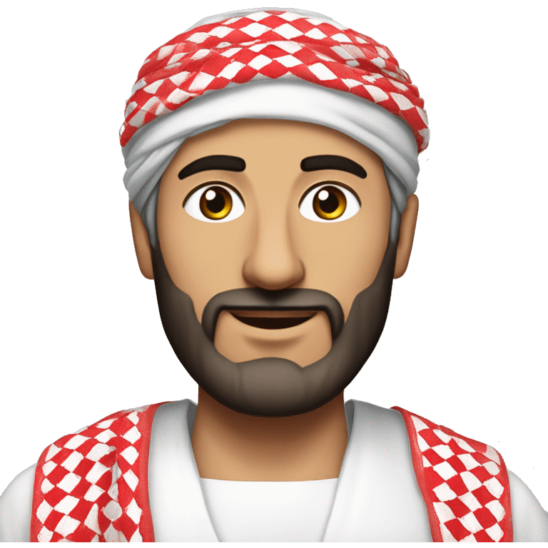 Middle Eastern Man in His 40s, Wearing a traditional thobe (long white garment) and a red-and-white checkered keffiyeh (headscarf) on his head, short beard. emoji