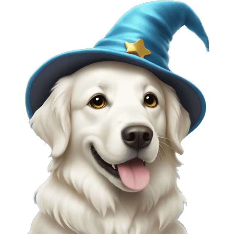 White Golden retriever wearing a wizard hat emoji