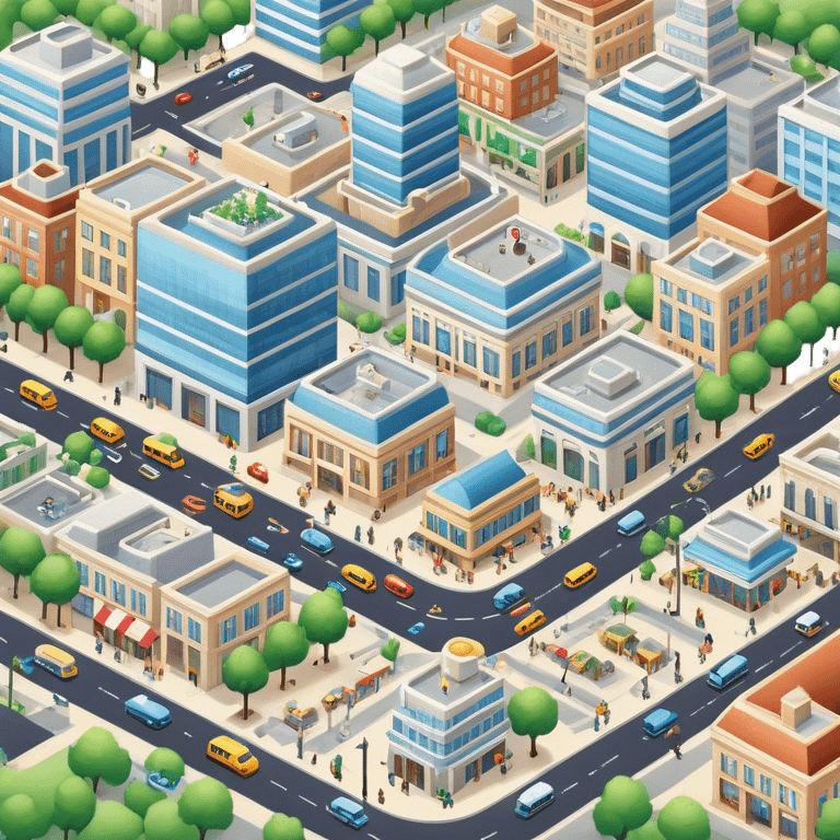 A large, bustling area with buildings, streets, and various structures, where people live and work, often featuring shops, parks, and transportation systems emoji