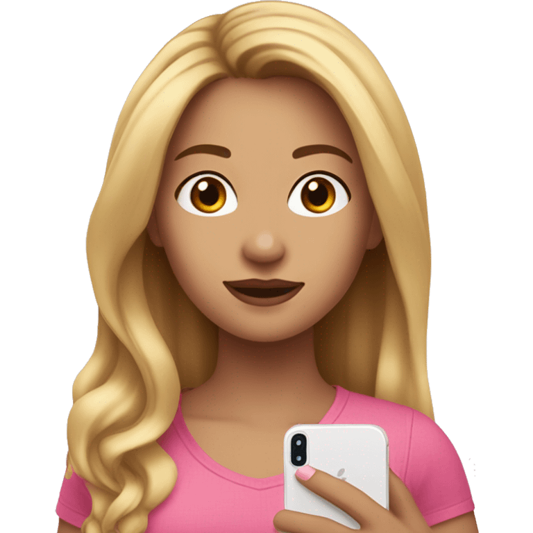 Girl with medium brown hair, a blonde strand in front, wearing pink with an iPhone 15 in her hand emoji