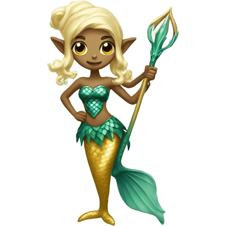 a mermaid elf with trident and golden swirls emoji