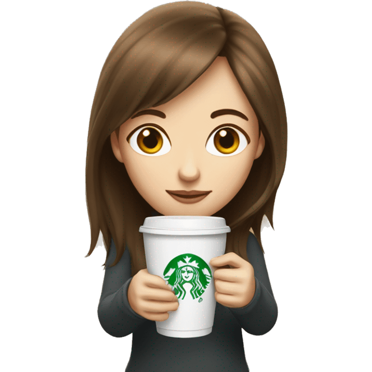 Girl with brown hair, bangs and white skin holding stabucks cup emoji