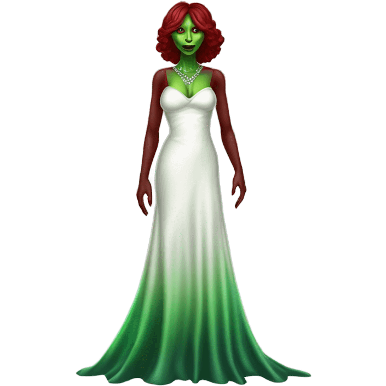 reptilian green alien woman, in long slim pastel color:#FFFFFF formal party satin dress with gradient shiny sparkling dark red, full figure, full body emoji