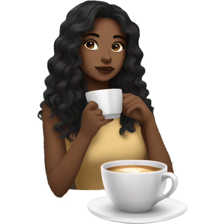 aesthetic girl with black wavy hair sipping coffee in a cute coffee shop  emoji