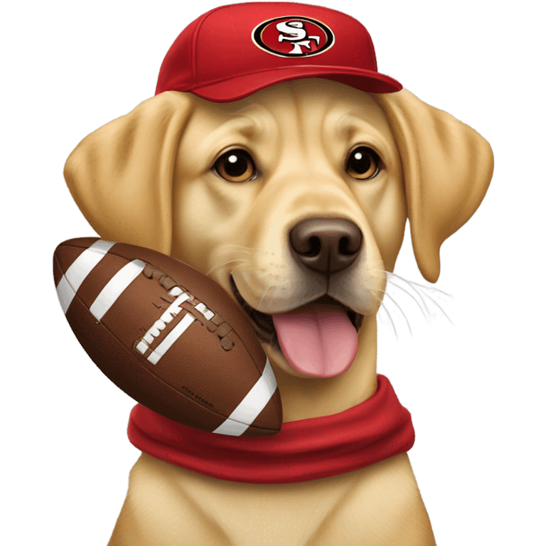 Yellow labrador with football and 49ers hat emoji