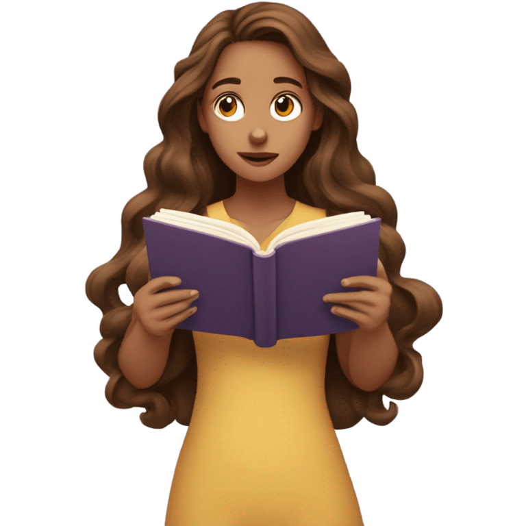 Girl with long brown wavy hair , read a book, and her face expression is thinking and there are questions mark above her head emoji