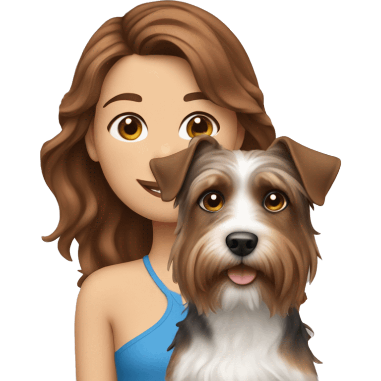  A girl with brown wavy hair and blue eyes and a dog York terrier emoji