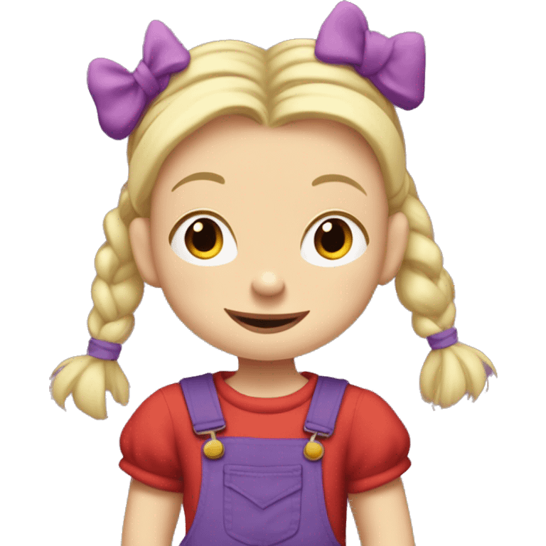 A little blonde girl with pigtails and little purple bows wearing a red long sleeved shirt and purple overalls, rugrats emoji