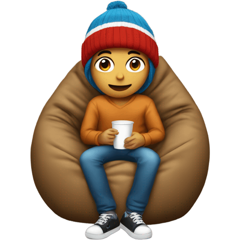 kid with a beanie hat sitting in a bean bag chair drinking emoji