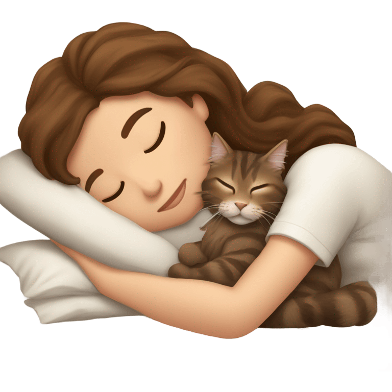 Brown-haired girl sleeping with her brown maine coon cat  emoji