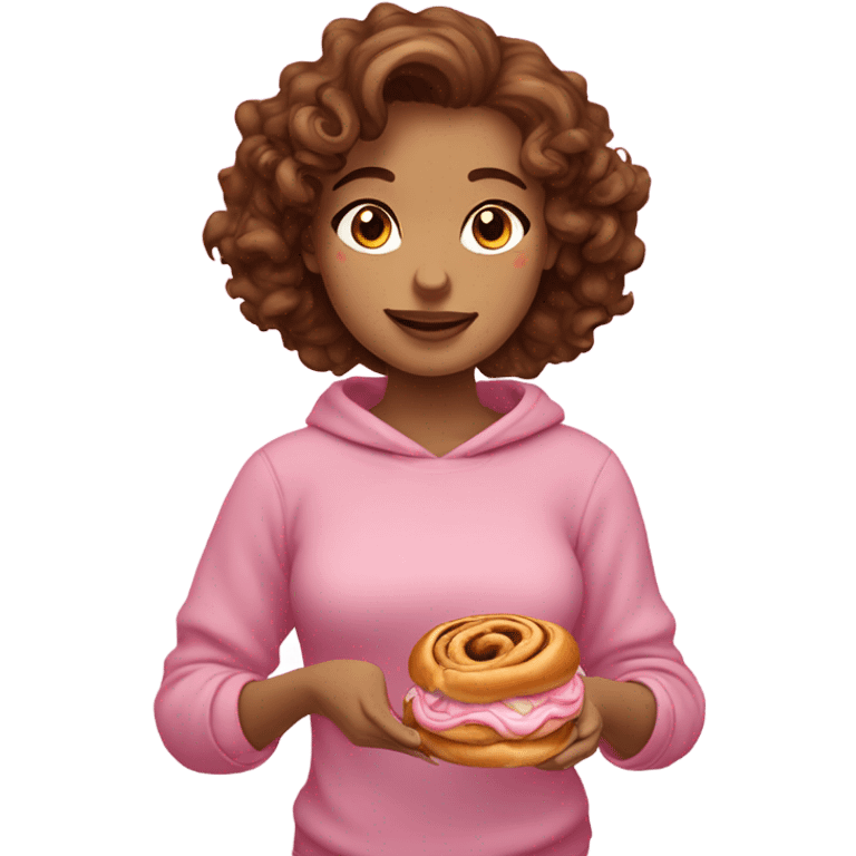 A girl with fair skin, a brunette with curly hair and brown eyes. Eating sinabon in a pink sweatshirt.  emoji