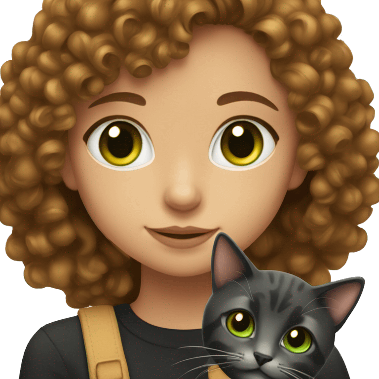 Girl with curly dark brown hair and green hazel eyes with black merled cat emoji