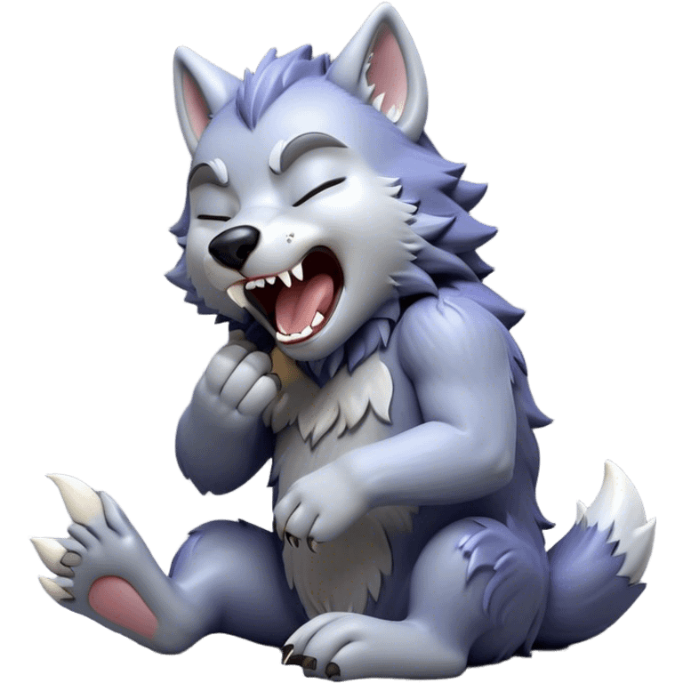 Cinematic Cute Yawning Werewolf Portrait Emoji, with a cuddly, miniature lupine form in soft moonlit grays and silvers, head leaning back in a big, adorable yawn that reveals a few fuzzy teeth, simplified yet irresistibly charming, highly detailed with a soft glowing outline that captures the drowsy, playful essence of a werewolf mid-nap! emoji