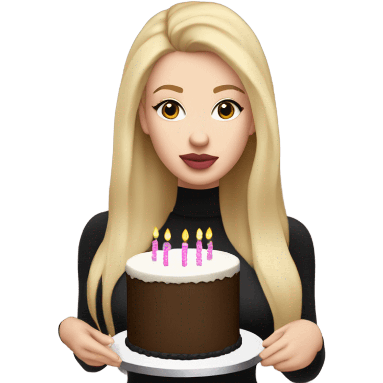 White girl with blonde straight hair, pink lips, dark eyes, black turtleneck, birthday cake in hands emoji