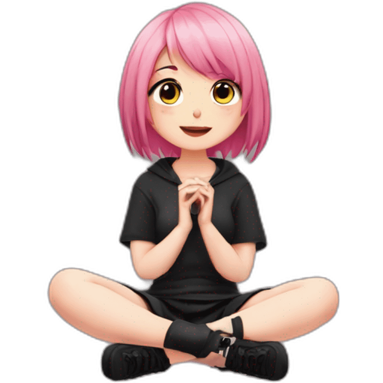 Full body Front view curvy emo girl pink hair sits on the floor straight view hands up black skirt полосатые рваные чулки emoji