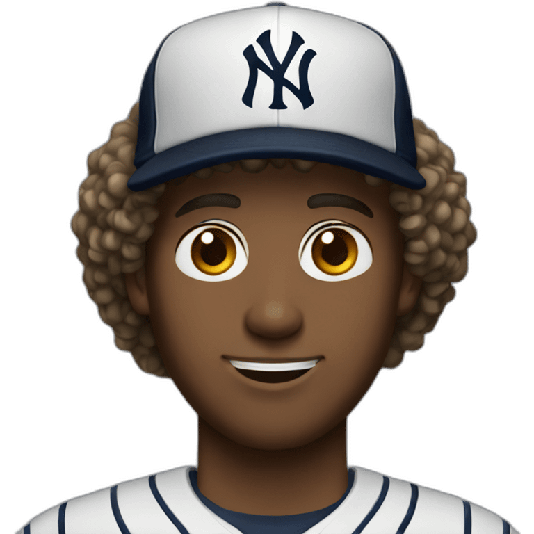 20yo curly hair man with a MacBook and a yankees cap emoji