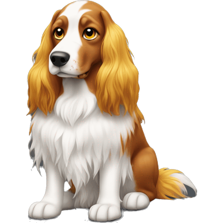 red and white long haired dog with yellow eyes sitting emoji