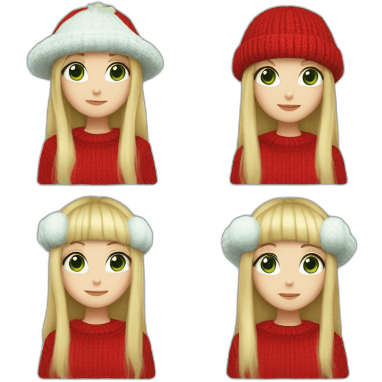 Girl with long blonde hair with bangs, blue eyes, white skin, wearing a frog hat, red sweater, green shirt, a fish necklace and an among us brooch emoji