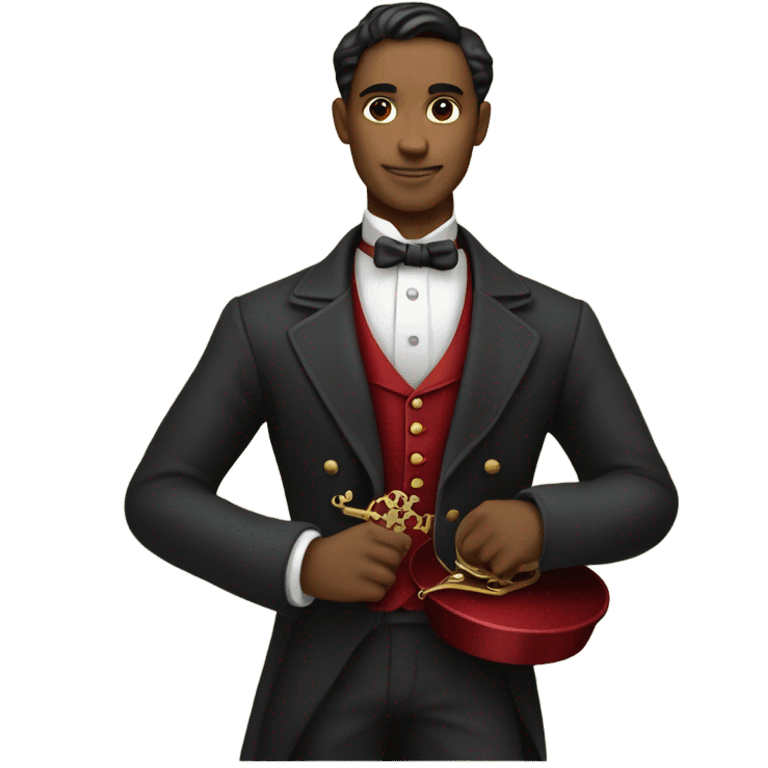 waiter in Victorian dress elegant red full body, holding big key emoji