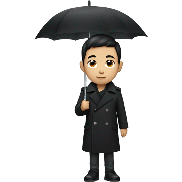 Asian boy wearing black trench coat holding umbrella emoji