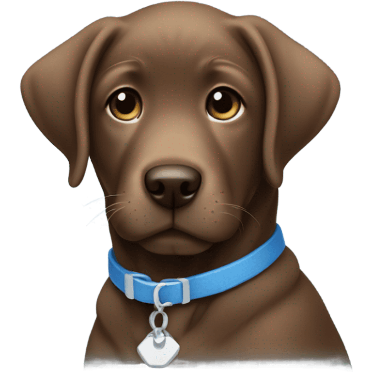 Brown lab puppy with small white patch on chest and subtle blue collar emoji