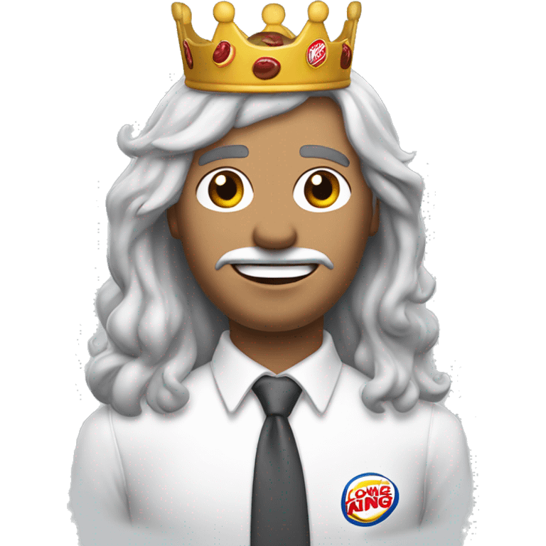 a man in a white button up shirt with long gray hair and a burger king crown white skin emoji