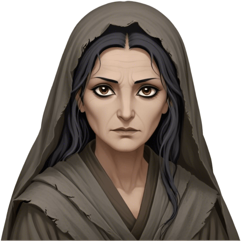 Mirri Maz Duur is a weathered, age 50 Lhazareen woman with deep-set dark eyes, high cheekbones, and a sharp nose, giving her a stern, knowing expression. Her long, unkempt dark hair streaked with gray falls loosely over her shoulders, and her earth-toned, tattered robes mark her as a humble healer. Despite her frail appearance, she exudes an aura of mystery and menace, her hands stained with herbs and blood from both healing and dark sorcery. emoji